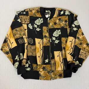 Cascais of California Zip Bomber Jacket Large Black Gold Floral Pattern